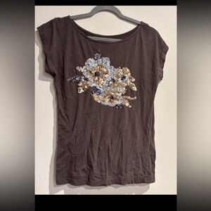 LOFT Dark Brown Floral Sequin Short Sleeve Tee